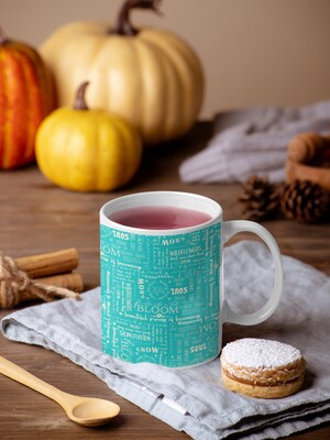 12oz Coffee Mug Turquoise Bloom and Grow Text. High-quality sublimation inks on ceramic mug. Flowers Coffee Mug, Inspirational Coffee Mug - image2